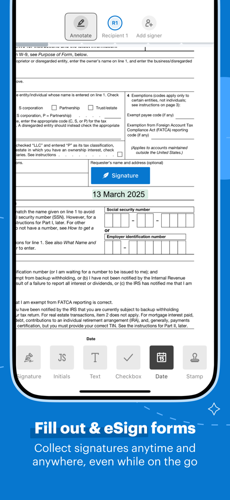 Mobile app interface of SignNow showing a digital form with tools for e-signing and document editing