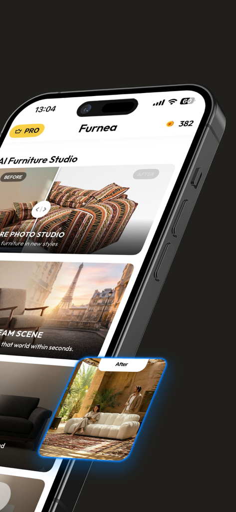 iPhone screen displaying the Furnea app interface for virtual furniture staging and AI photo editing