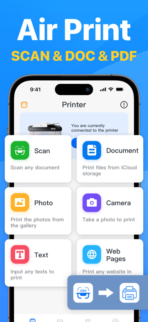 Smart Printer App main menu interface showing scan document and print file options on an iPhone