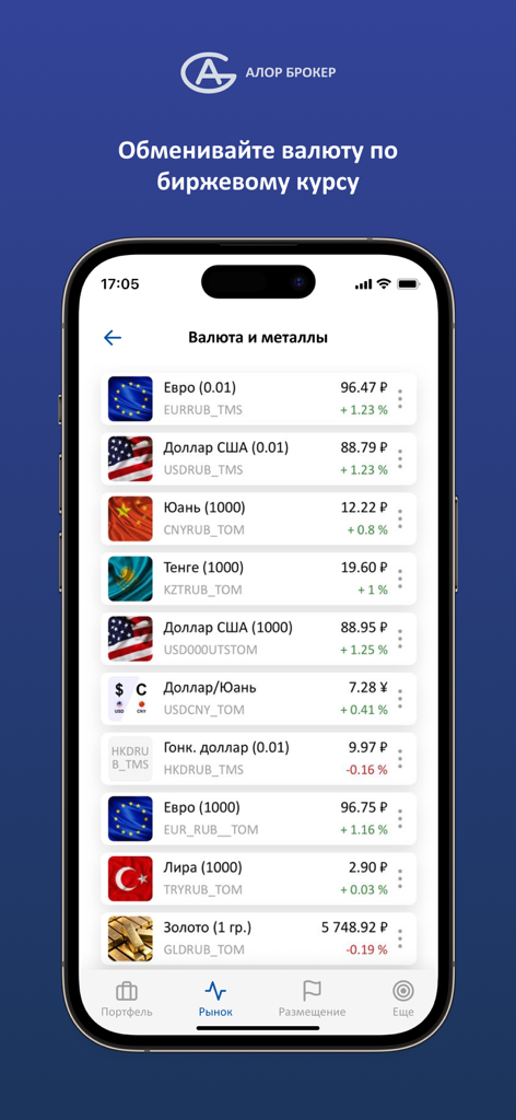 Mobiler Bildschirm der ALOR Investments App, der Wechselkurse für wichtige Währungen und Gold in russischen Rubel anzeigt