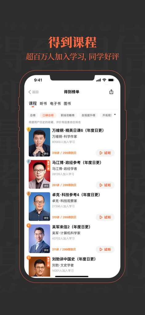 得到-课程听书电子书 - 인기 전문 강좌와 강사들의 순위표를 보여주는 Dedao 앱 스크린샷