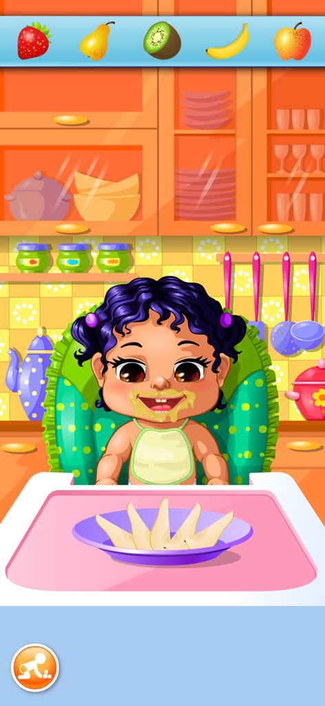 My Baby Care - Babysitter Game - A cartoon baby with a messy face sitting in a high chair eating fruit in a kitchen