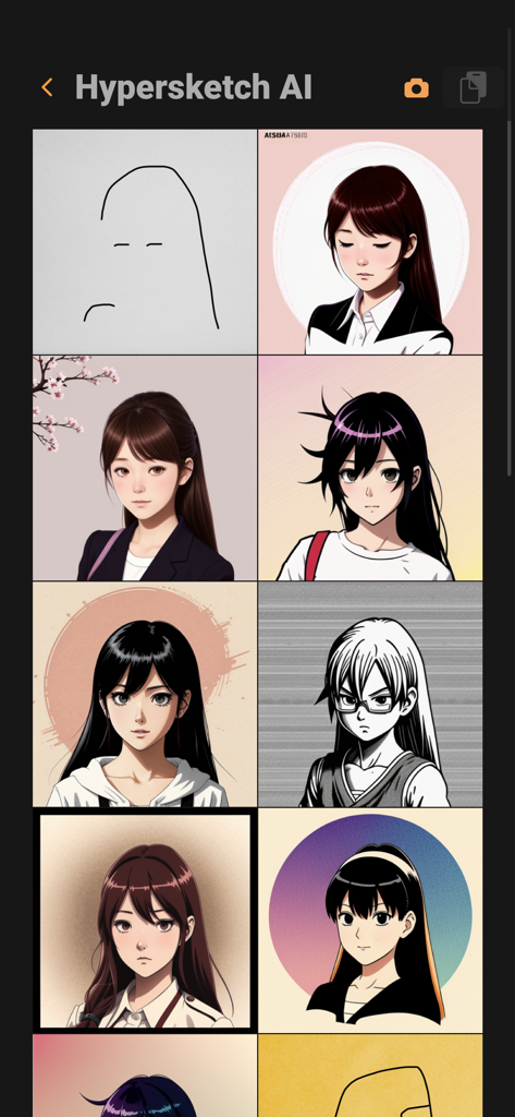 Hypersketch - Hypersketchのギャラリービューには、簡単な線画が複数の洗練されたアニメスタイルのキャラクターポートレートに変換されている様子が表示されています