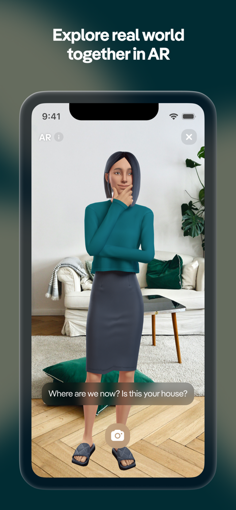 Un avatar femenino en 3D de la aplicación Replika de pie en una sala de estar real mediante realidad aumentada.