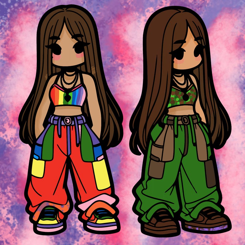 girl in baggy pants crop top and long hair