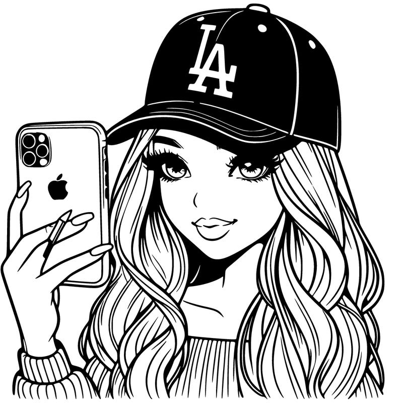 beautiful girl with los angeles cap and iphone