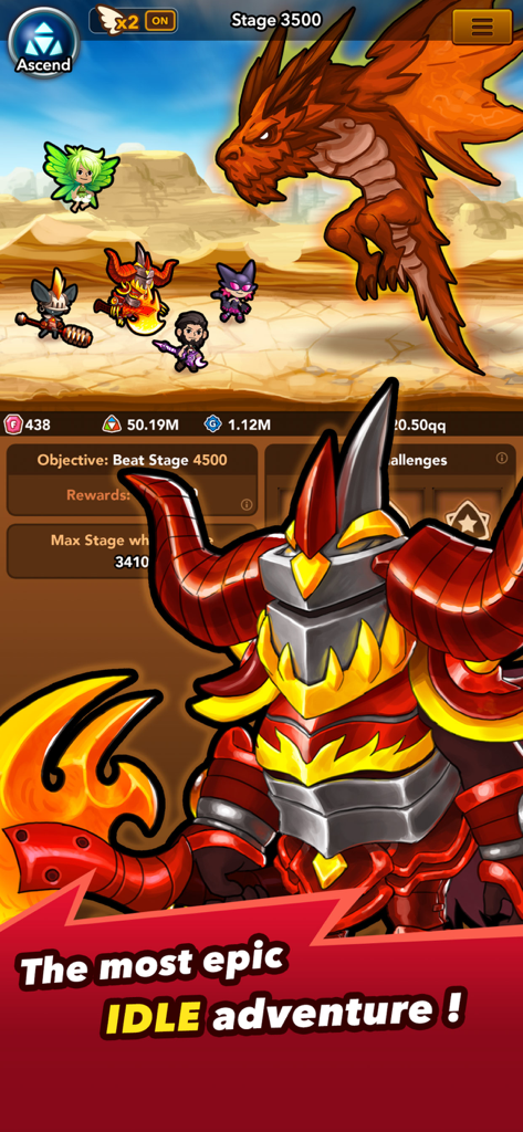 Gameplay-Screenshot von Crush Them All, der Heldencharaktere zeigt, die in einer Wüstenstufe gegen einen großen orangefarbenen Drachenboss kämpfen