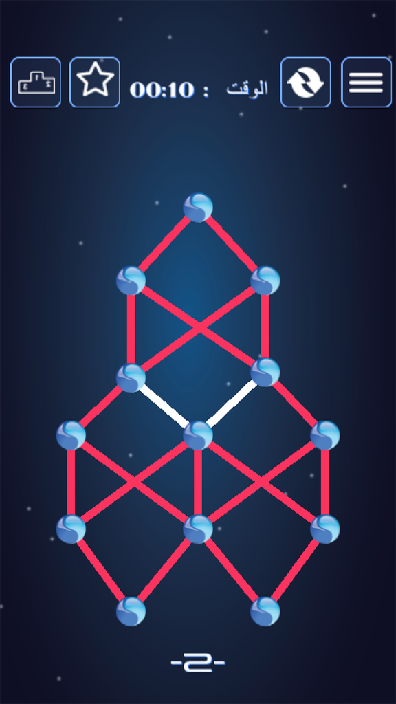 A mobile game screen showing blue dots connected by red lines to form a complex geometric shape against a dark blue background.