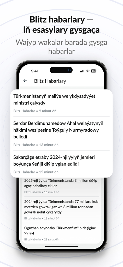 Takyk mobile app screen featuring brief news updates in Turkmen language.