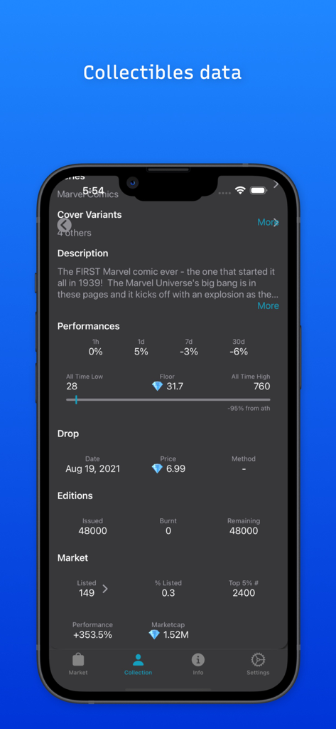 VaultValue - VaultValue app displaying detailed performance metrics and market data for a digital comic collectible