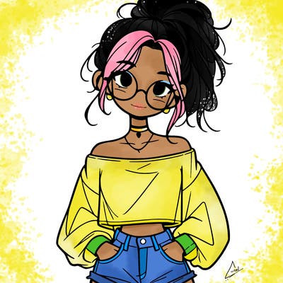 girl with a messy ponytail glasses a baggy crop top and jean shorts