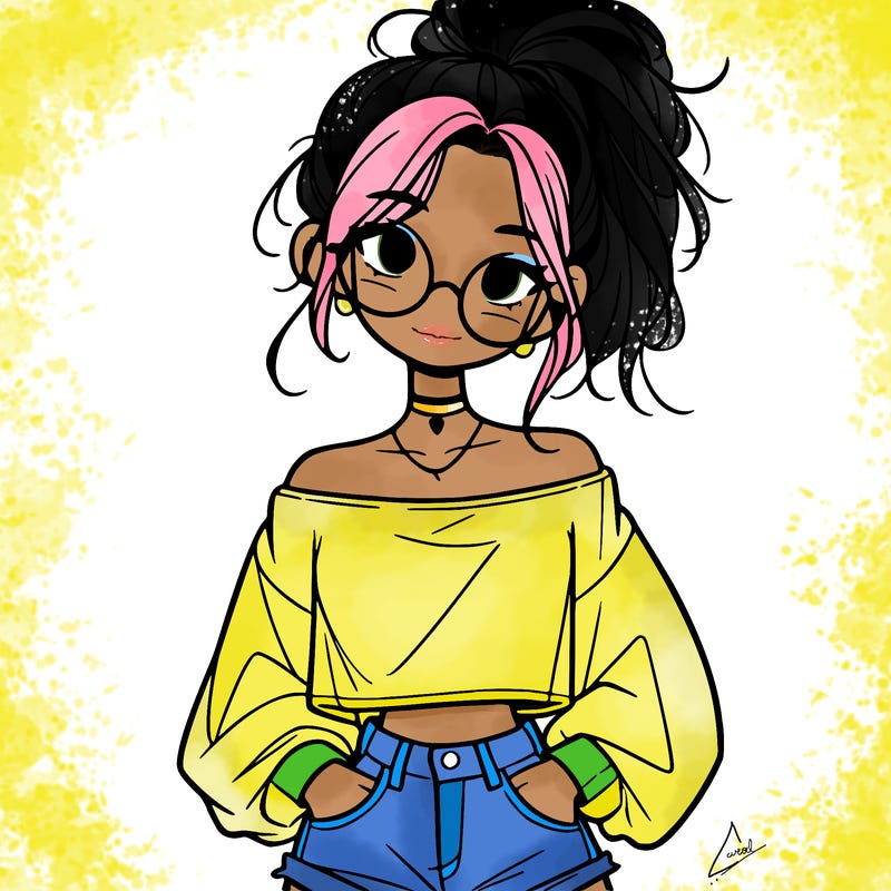girl with a messy ponytail glasses a baggy crop top and jean shorts