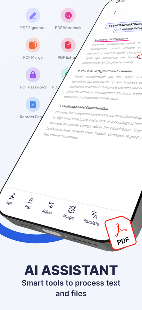 PDFファイルやテキストを処理するためのAIアシスタント機能（署名や翻訳を含む）が表示されているモバイルアプリのインターフェース