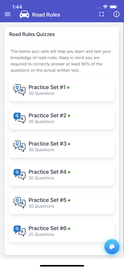 Quebec Class 5 Driving Test - Écran de sélection montrant plusieurs ensembles de quiz pratiques sur les règles de la route pour le test de conduite du Québec.