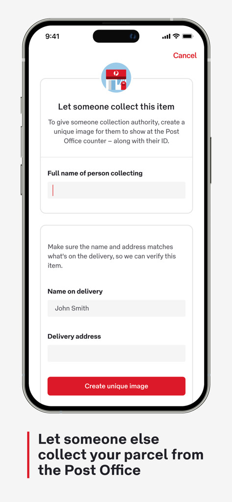 Australia Post - Australia Post app screen for authorizing someone else to collect a parcel.