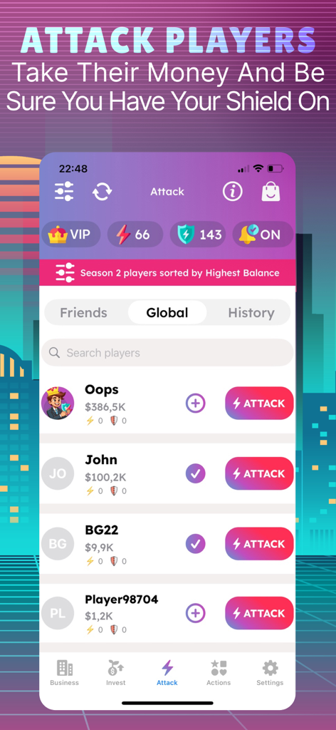 Business Tycoon Clash & Deals - Una lista de jugadores globales en Business Tycoon Clash and Deals con opciones para atacar y tomar su dinero.