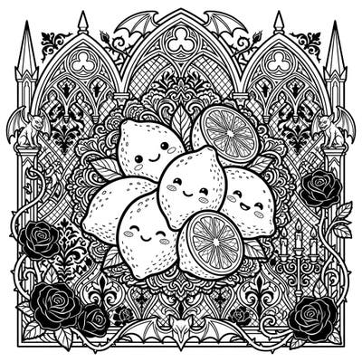 Discover an enchanting blend of adorable and eerie with this unique Kawaii Gothic Lemons coloring page. Featuring cute, smiling lemons nestled within a dramatically ornate Victorian framework, it's a delightful challenge for artists of all ages.