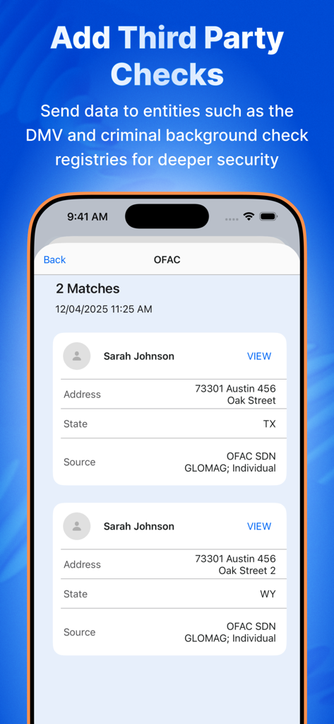 VeriScan app screen displaying third party security and background check results