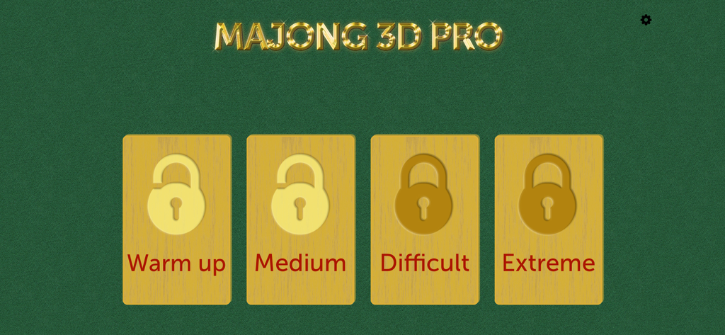 Pantalla de selección de modo de juego de Mahjong 3D Pro mostrando cuatro niveles de dificultad, desde Calentamiento hasta Extremo