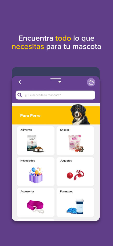 Laika mobile app screen showing shopping categories for dogs including food, snacks, toys, and accessories in Spanish