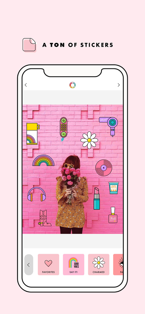 A Design Kit: Collage Maker - Mobile app interface of A Design Kit showing a photo with various colorful digital stickers like a rainbow, flower, and retro phone overlaid on a pink background