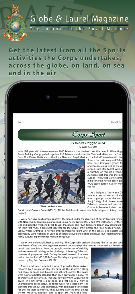 The Globe & Laurel - A smartphone displaying the Corps Sport page in The Globe and Laurel app featuring an article on the Ex White Dagger 2024 skiing exercise