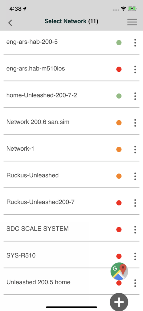 RUCKUS Unleashed 앱에서 상태 표시기가 있는 관리되는 WiFi 네트워크 목록