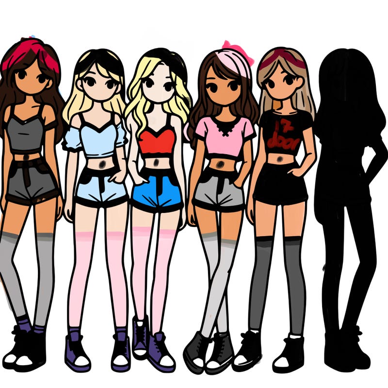 a group of girls wearing crop tops and shorts