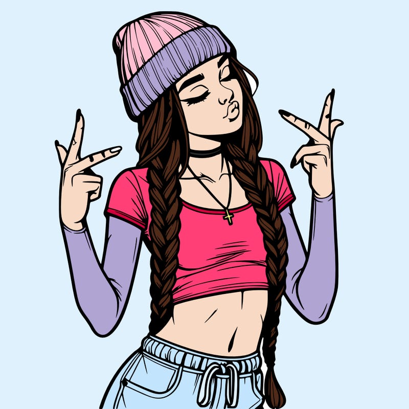 realistic teenage girl with braids and a beanie and crop top doing 🫶🏼