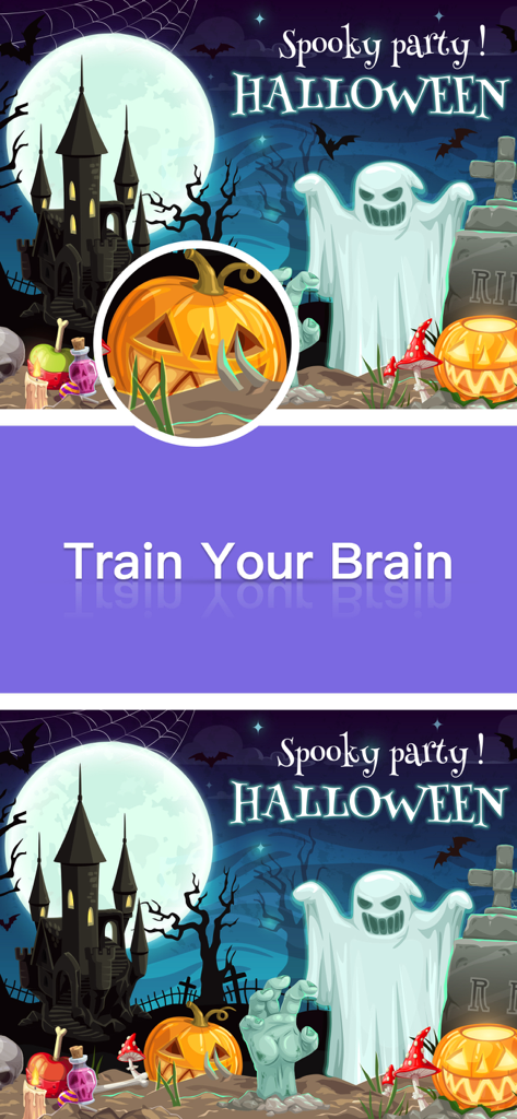 Differences - Find All Diff - A spooky Halloween themed spot the difference puzzle featuring ghosts, a haunted castle, and pumpkins to train your brain.