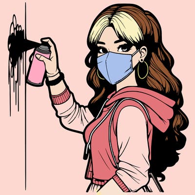 realistic girl with mask spray painting a wall