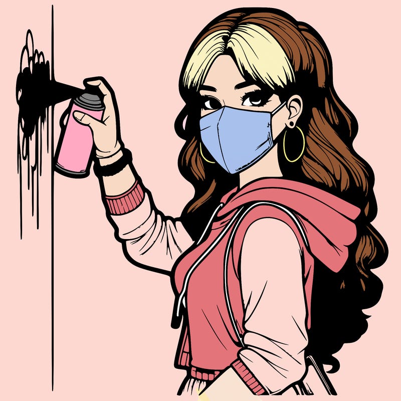 realistic girl with mask spray painting a wall