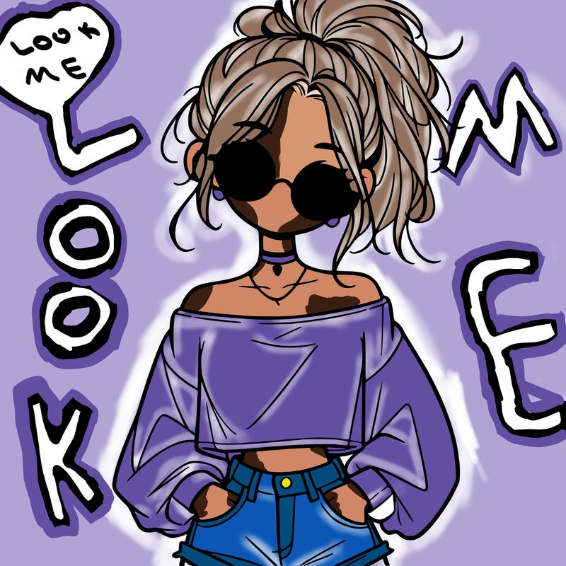 girl with a messy ponytail glasses a baggy crop top and jean shorts