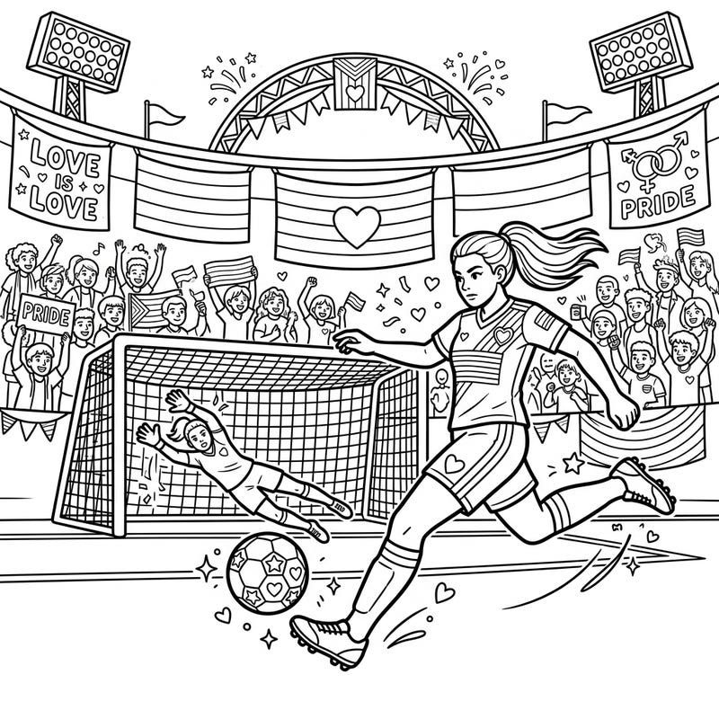 Experience the thrill of a soccer penalty kick infused with the joy of Pride Month on this vibrant coloring page. Watch as a determined player shoots for the goal, surrounded by cheering fans and uplifting symbols of love and diversity.