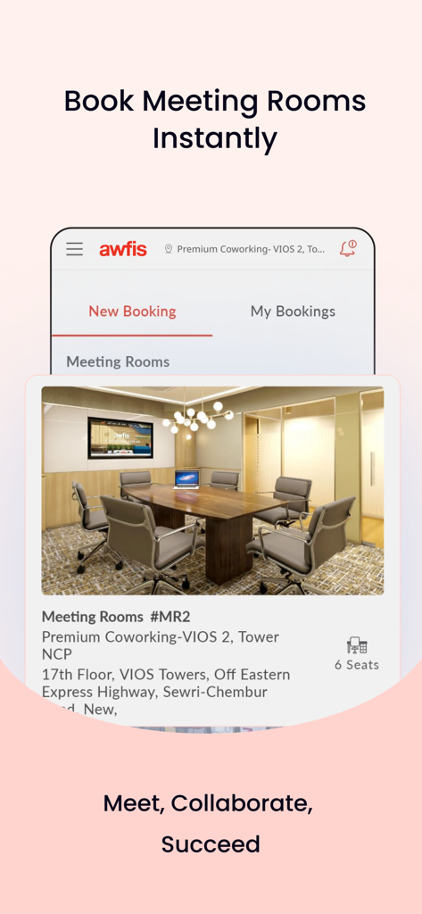 Awfis Coworking - Awfis app interface showing a 6 seat premium meeting room available for instant booking