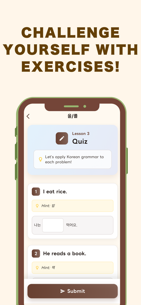 EPS-TOPIK All-in-One Grammar - A mobile screen displaying a Korean grammar quiz with fill-in-the-blank sentence exercises.