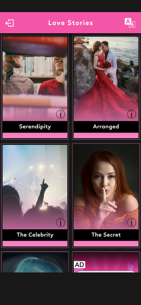 A selection menu of romantic interactive chat stories including titles like Serendipity and Arranged