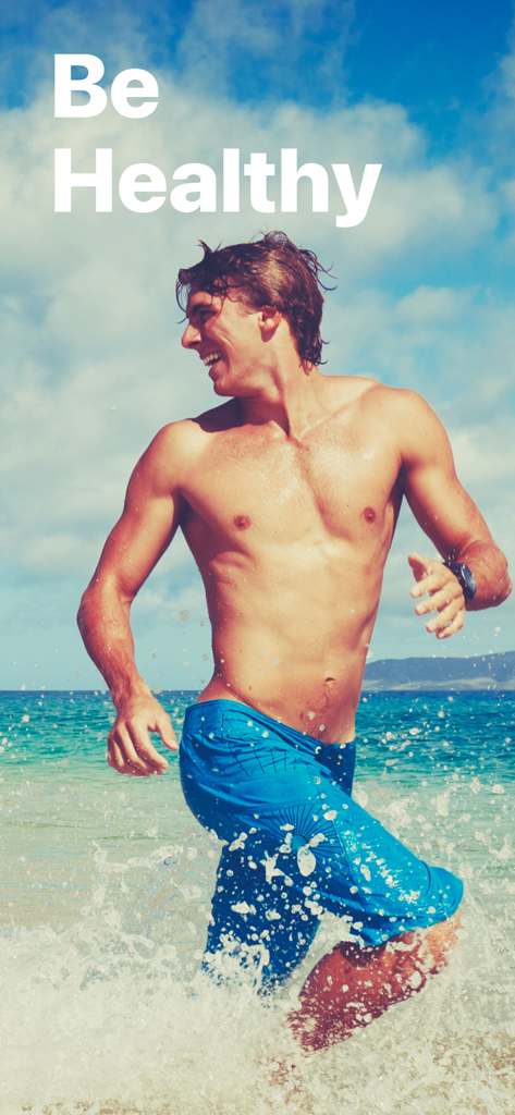 A fit man running through ocean waves with the text Be Healthy in the foreground