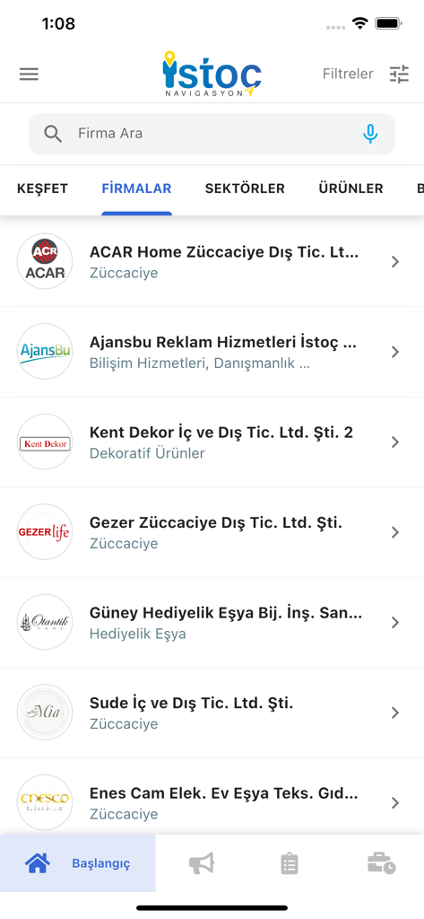 ISTOC Navi app screen displaying a searchable list of wholesale companies with logos and business sectors.