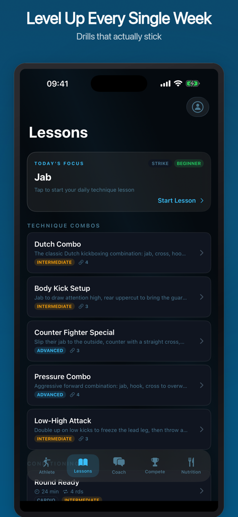 Kickboxing: AI Ring Coach - Kickboxing AI Ring Coach app Lessons screen showing various technique combos categorized by difficulty level