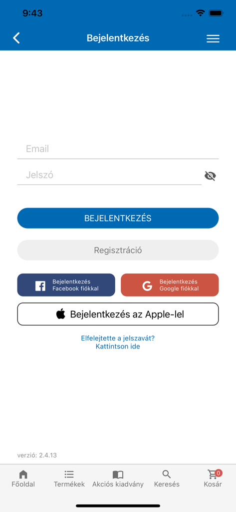 Praktiker Magyarország - Login screen of the Praktiker Magyarorszag app with email fields and social login options