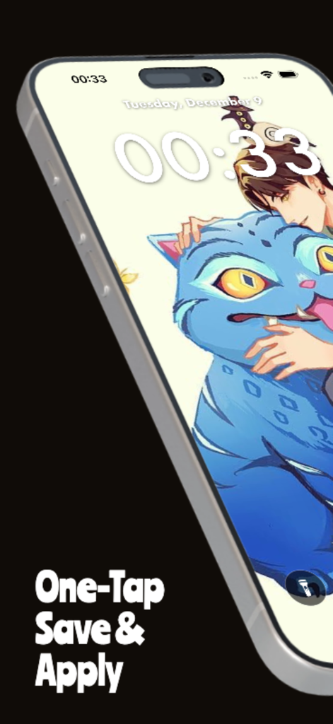 kPop Demon Wallpapers - Pantalla de bloqueo de iPhone mostrando un personaje de anime con un gato demoníaco azul y texto de guardado con un toque