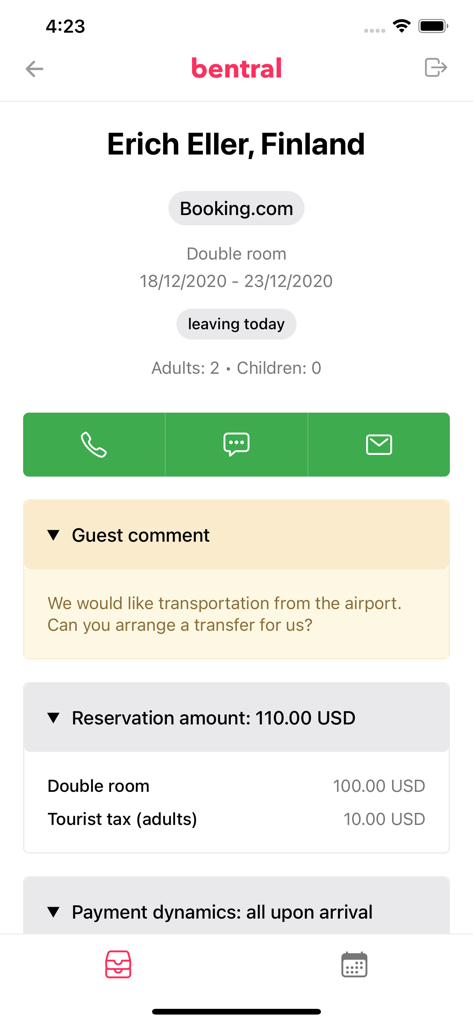 Bentral - Mobile screen of Bentral app showing guest reservation details, booking source, and payment information