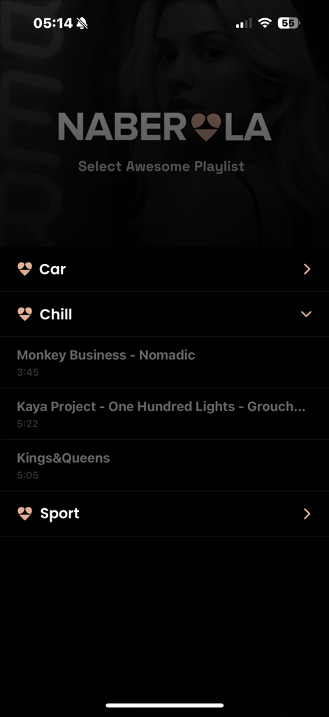 Naber LA - Naber LA app interface showing mood-based music playlists like Car Chill and Sport