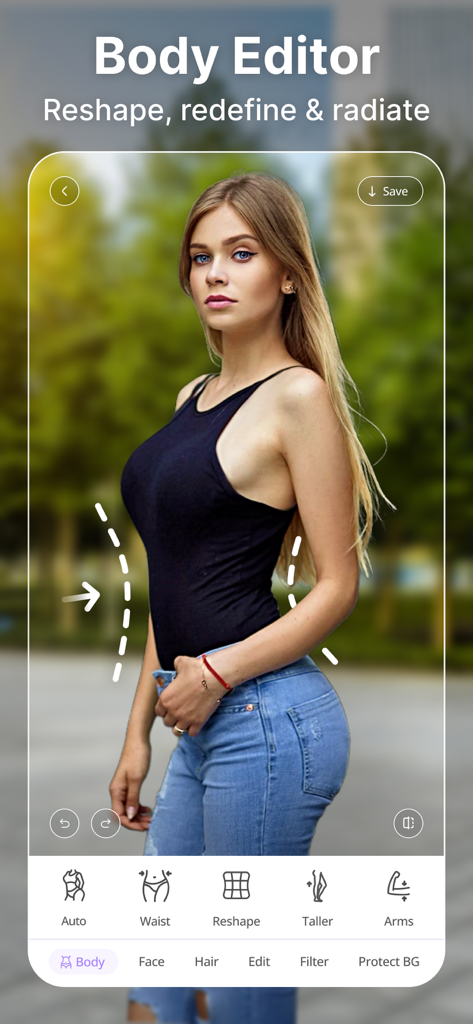 Interface of the BeautyUp app showing the body editor tool reshaping a woman's waist.