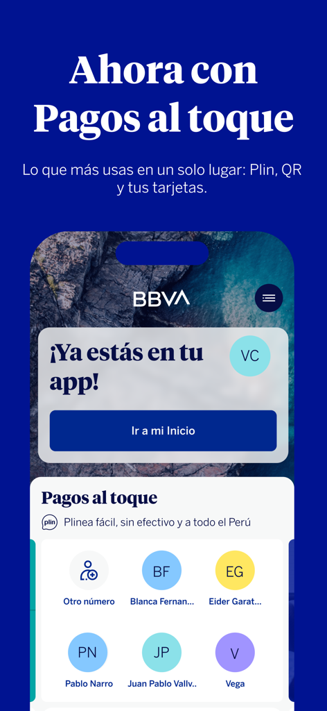 BBVA Perú | Banca Móvil - Écran de l'application mobile BBVA Pérou affichant les options de paiement instantané en pesos péruviens.
