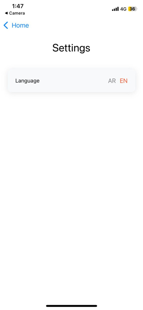 Questions? - Tela de configurações do aplicativo Perguntas? mostrando opções de seleção de idioma para árabe e inglês.