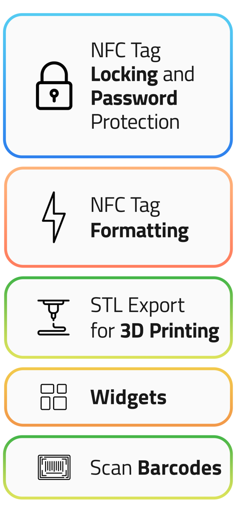 NFC.cool Tools Tag Reader - Lista de características de la aplicación NFC cool Tools, incluyendo bloqueo de etiquetas NFC y exportación para impresión 3D