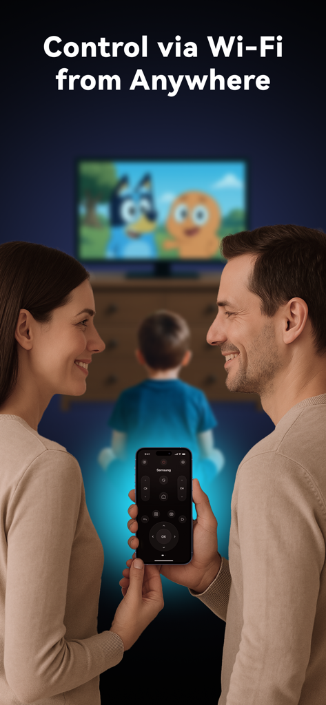 Universal TV Remote: Smart App - Una pareja usando la aplicación Control Universal de TV en un iPhone para controlar su televisor mientras su hijo lo mira de fondo.