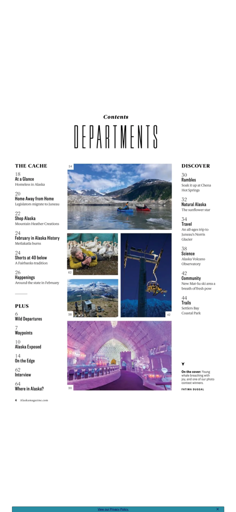 Alaska Magazine - Página de índice de Alaska Magazine con fotografía escénica de glaciares y vida silvestre